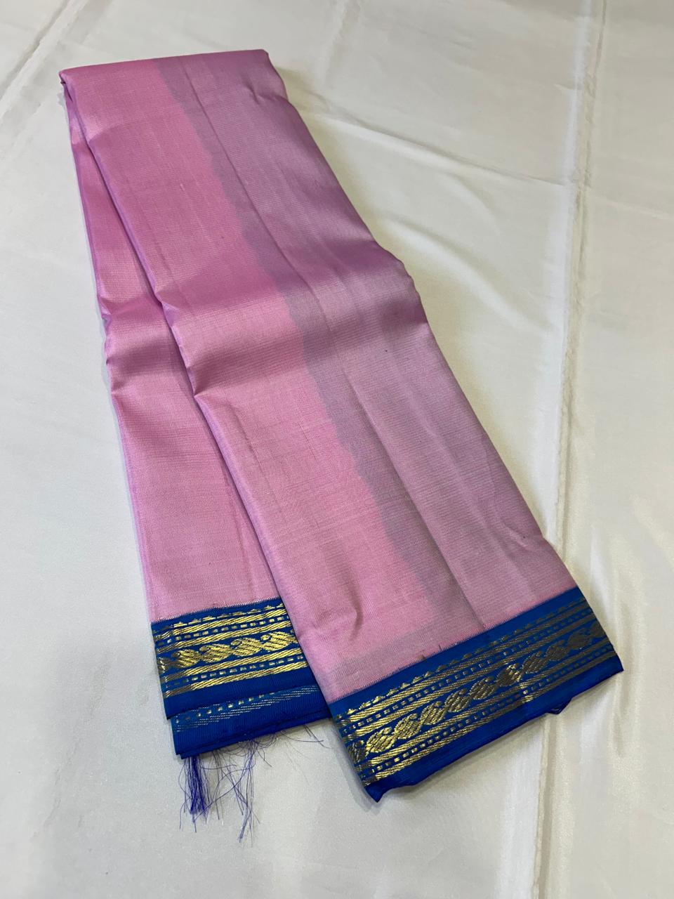 Classic Baby Pink & Royal Blue 2gm Zari Korvai Elegance Kanchipuram Handloom Silk Saree SS24802