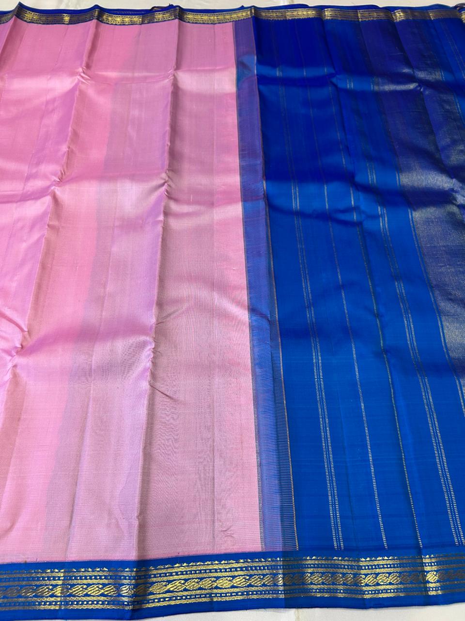 Classic Baby Pink & Royal Blue 2gm Zari Korvai Elegance Kanchipuram Handloom Silk Saree SS24802