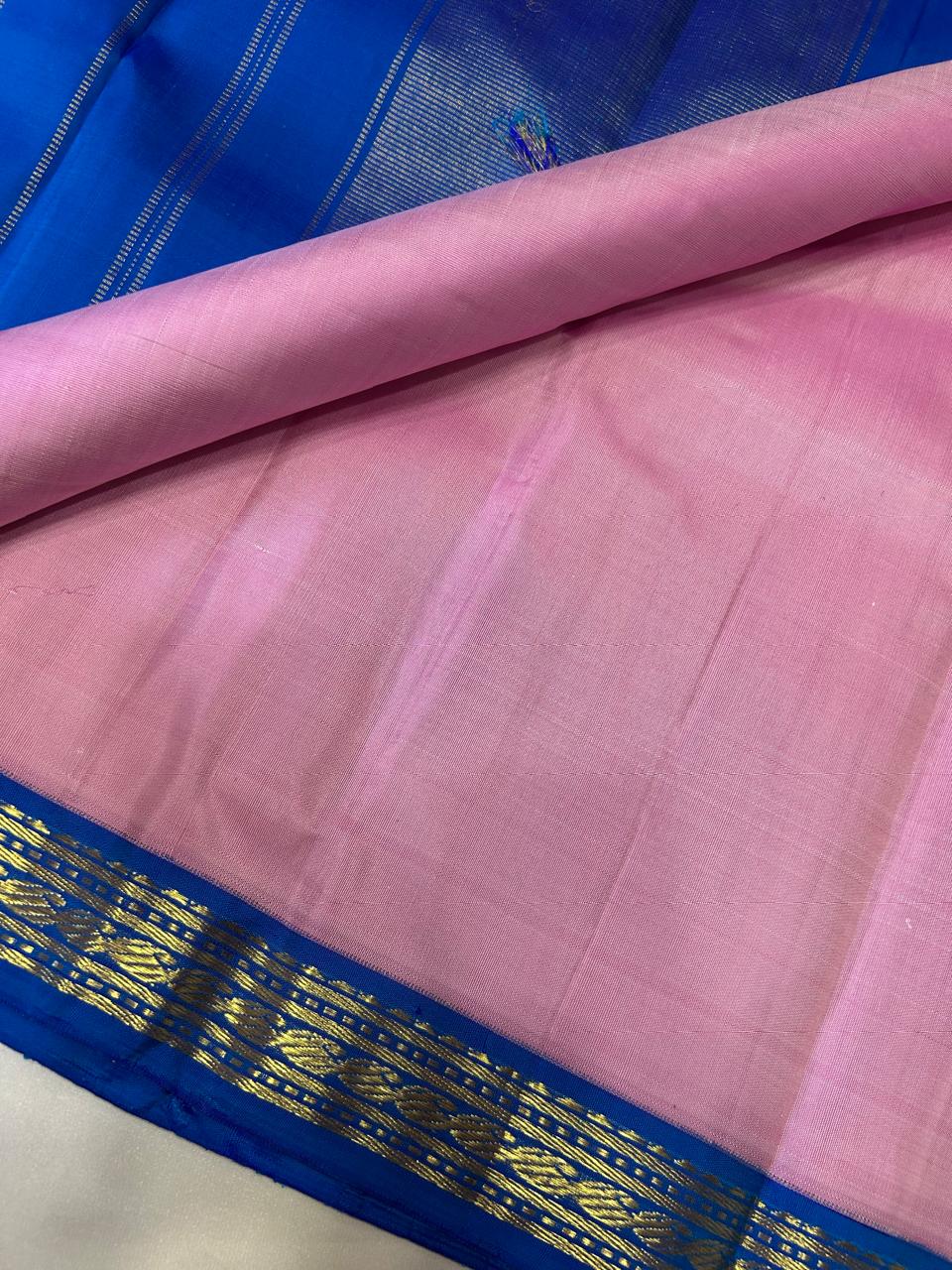 Classic Baby Pink & Royal Blue 2gm Zari Korvai Elegance Kanchipuram Handloom Silk Saree SS24802