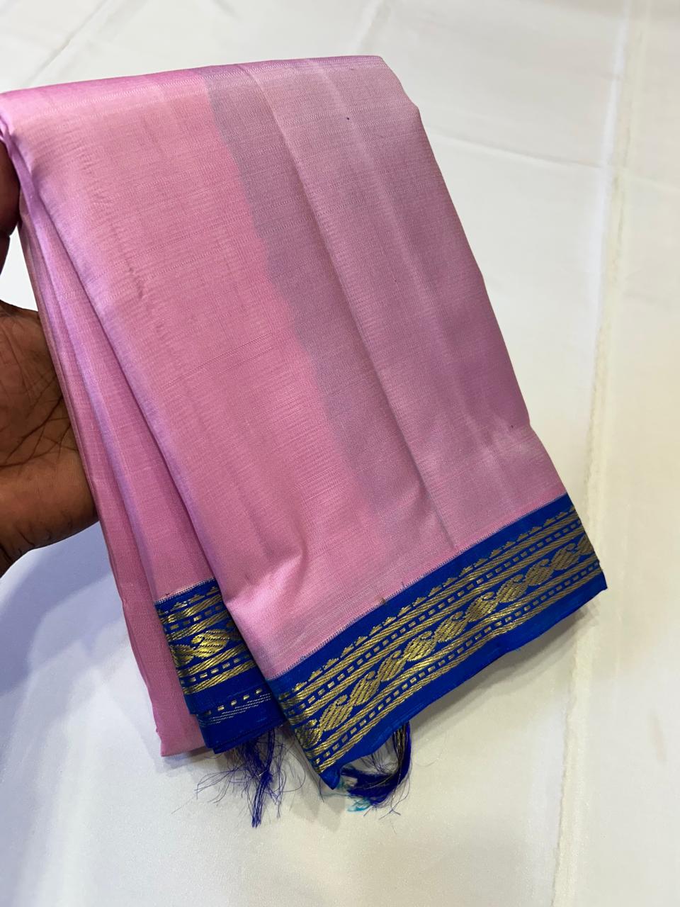 Classic Baby Pink & Royal Blue 2gm Zari Korvai Elegance Kanchipuram Handloom Silk Saree SS24802