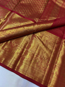 Classic Dark Pink 2gm Zari Vaira Oosi Checks Bridal Elegance Kanchipuram Handloom Silk Saree SS24801