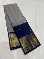 Load image into Gallery viewer, Classic Grey &amp; Navy Blue 2gm Silver Zari Elegance Kanchipuram Handloom Silk Saree SS24799
