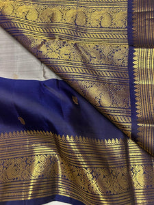 Classic Grey & Navy Blue 2gm Silver Zari Elegance Kanchipuram Handloom Silk Saree SS24799