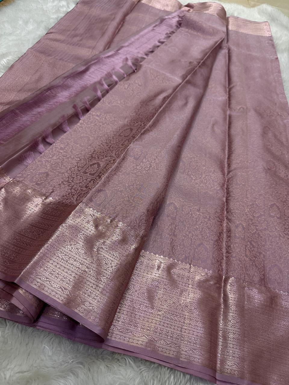 Classic Pastel Mauve 2gm Zari Bridal Elegance Kanchipuram Handloom Silk Saree SS24794