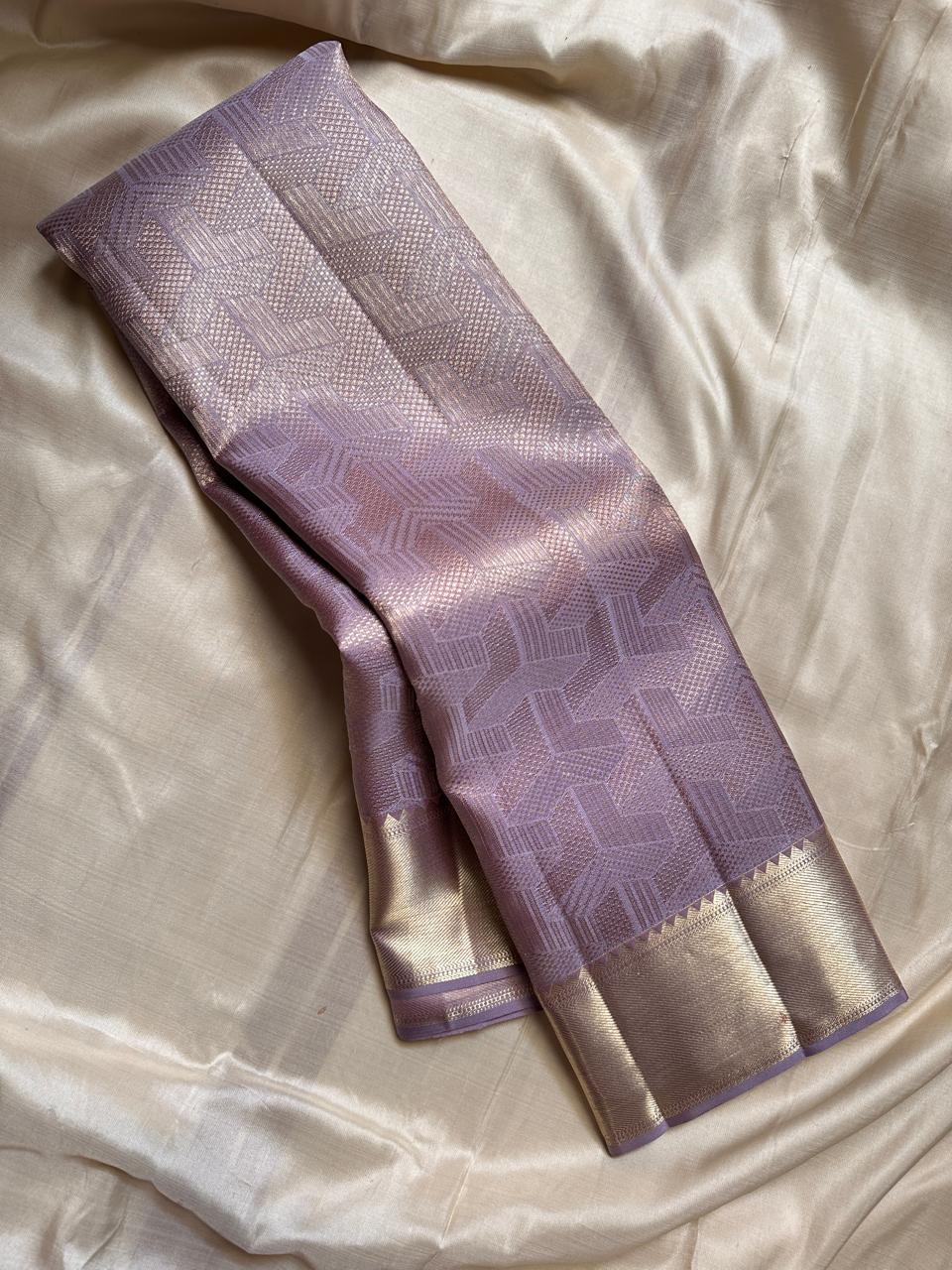 Pastel Lavender Mauve 2gm Zari Bridal Elegance Kanchipuram Handloom Silk Saree SS24795