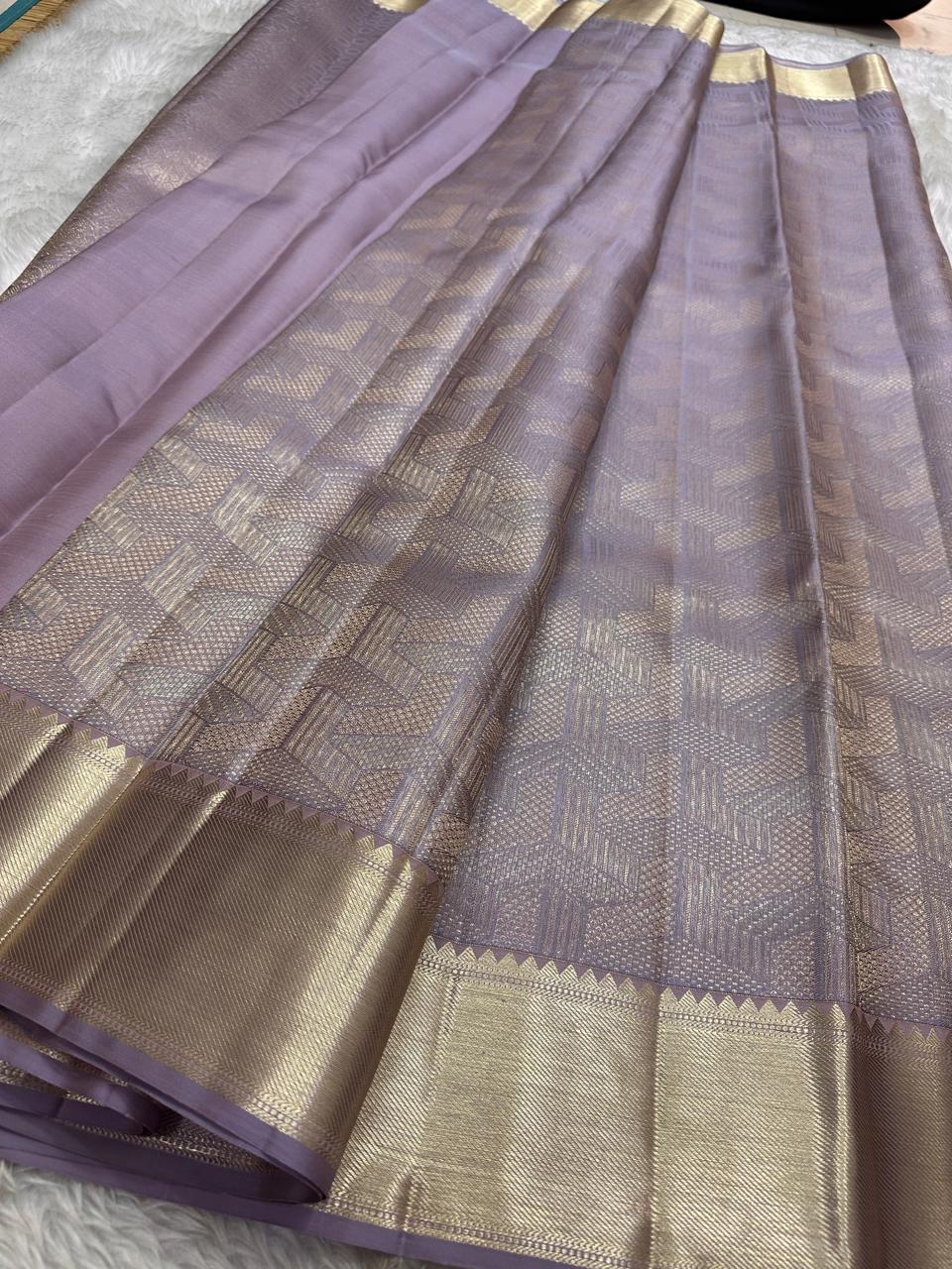 Pastel Lavender Mauve 2gm Zari Bridal Elegance Kanchipuram Handloom Silk Saree SS24795