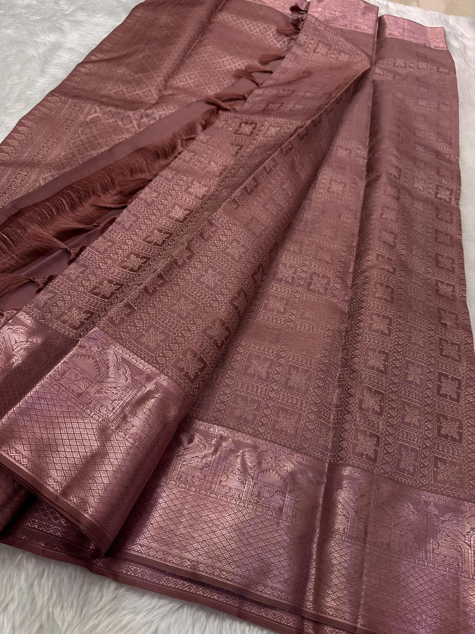 Classic Dusky Pink 2gm Zari Bridal Elegance Kanchipuram Handloom Silk Saree SS24798