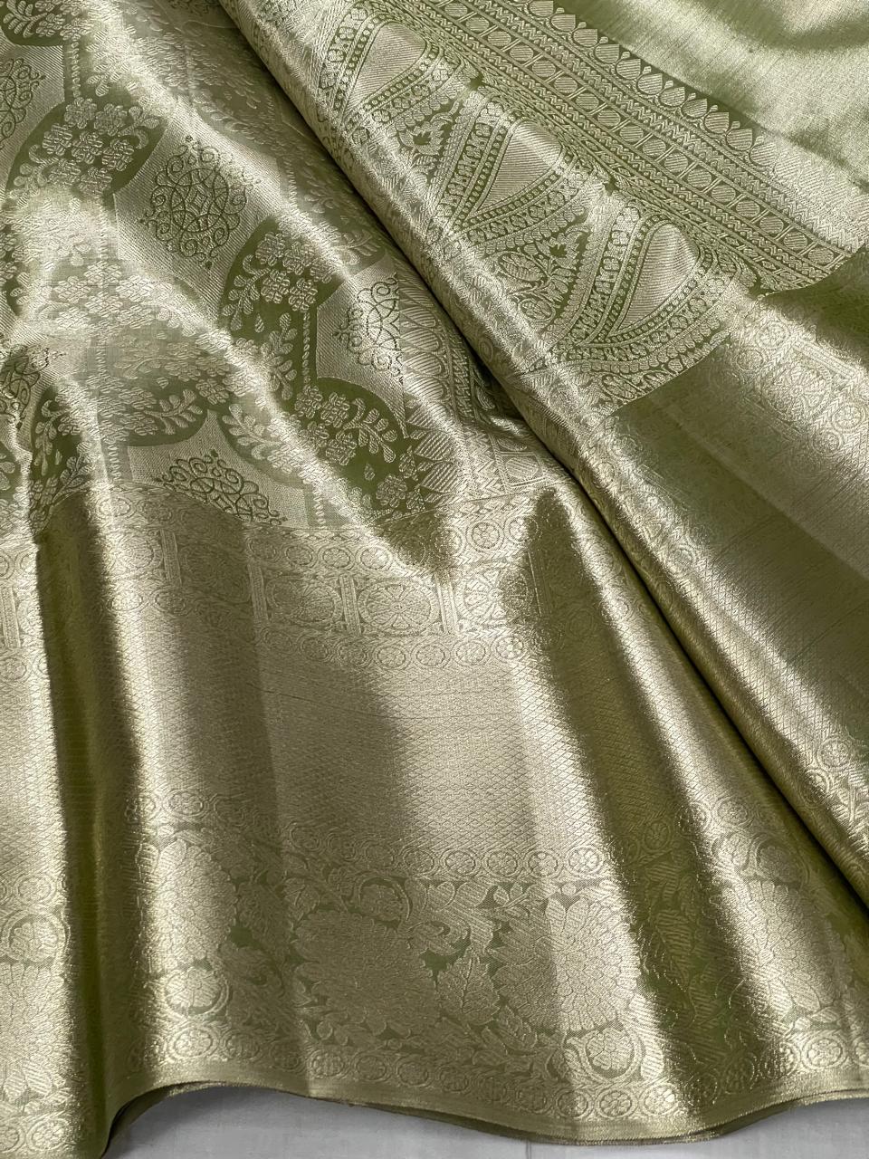 Pastel Olive Green 2gm Zari Bridal Elegance Kanchipuram Handloom Silk Saree SS24791