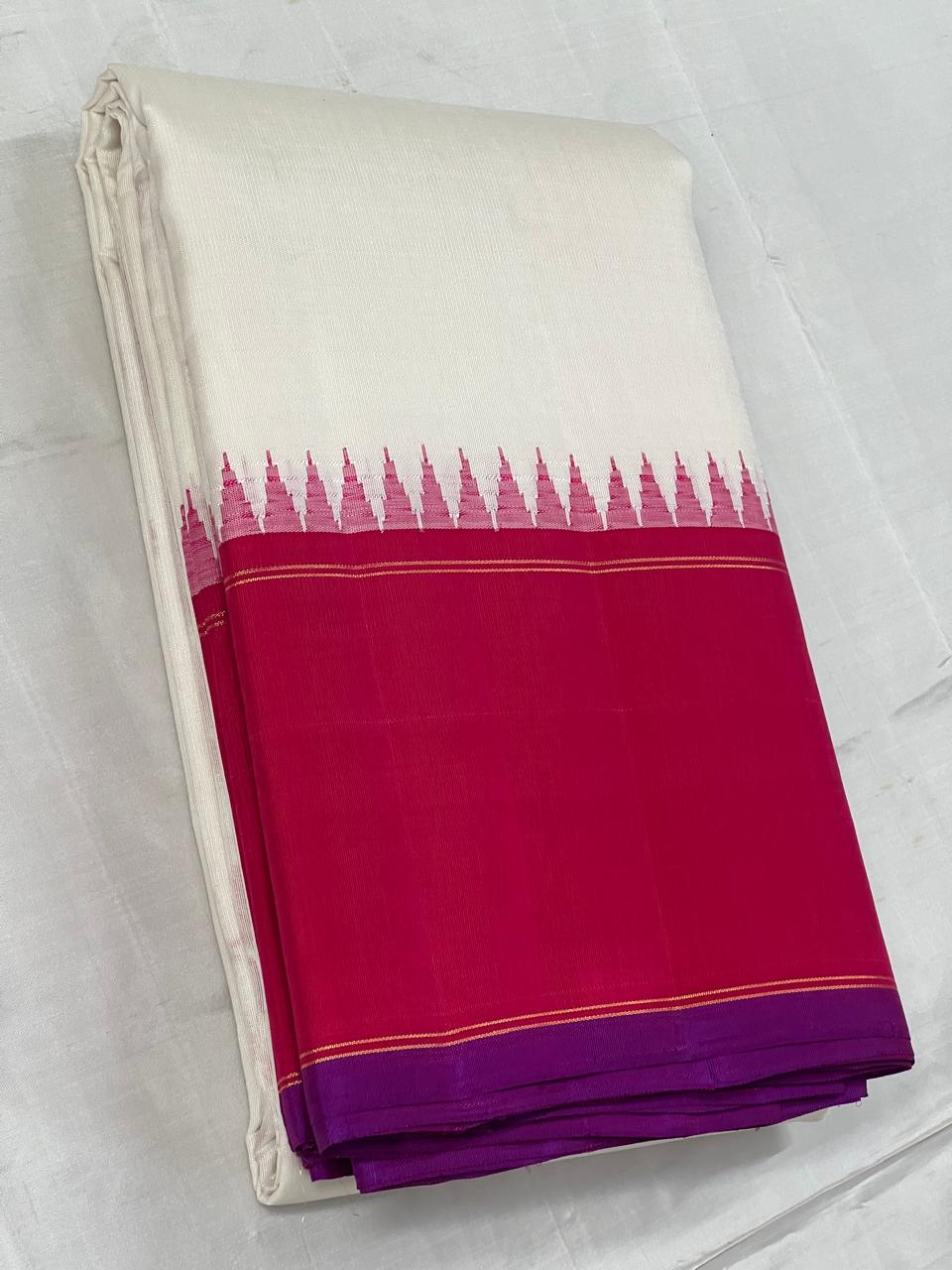 Classic Cream & Ruby Pink 2gm Zari Elegance Kanchipuram Handloom Silk Saree SS24790