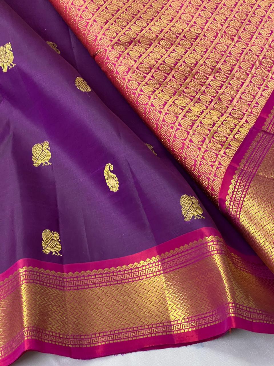 Classic Purple Violet & Deep Pink 2gm Zari Elegance Kanchipuram Handloom Silk Saree SS24810