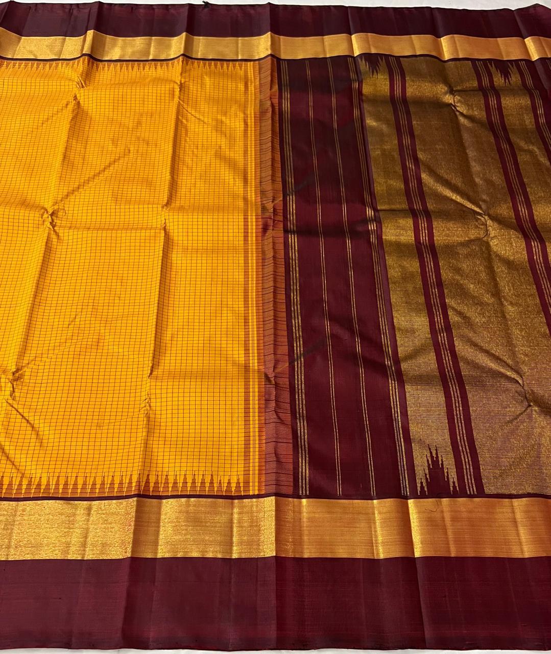 Golden Yellow & Mahogany Red 2gm Zari Elegance Kanchipuram Handloom Silk Saree SS24807