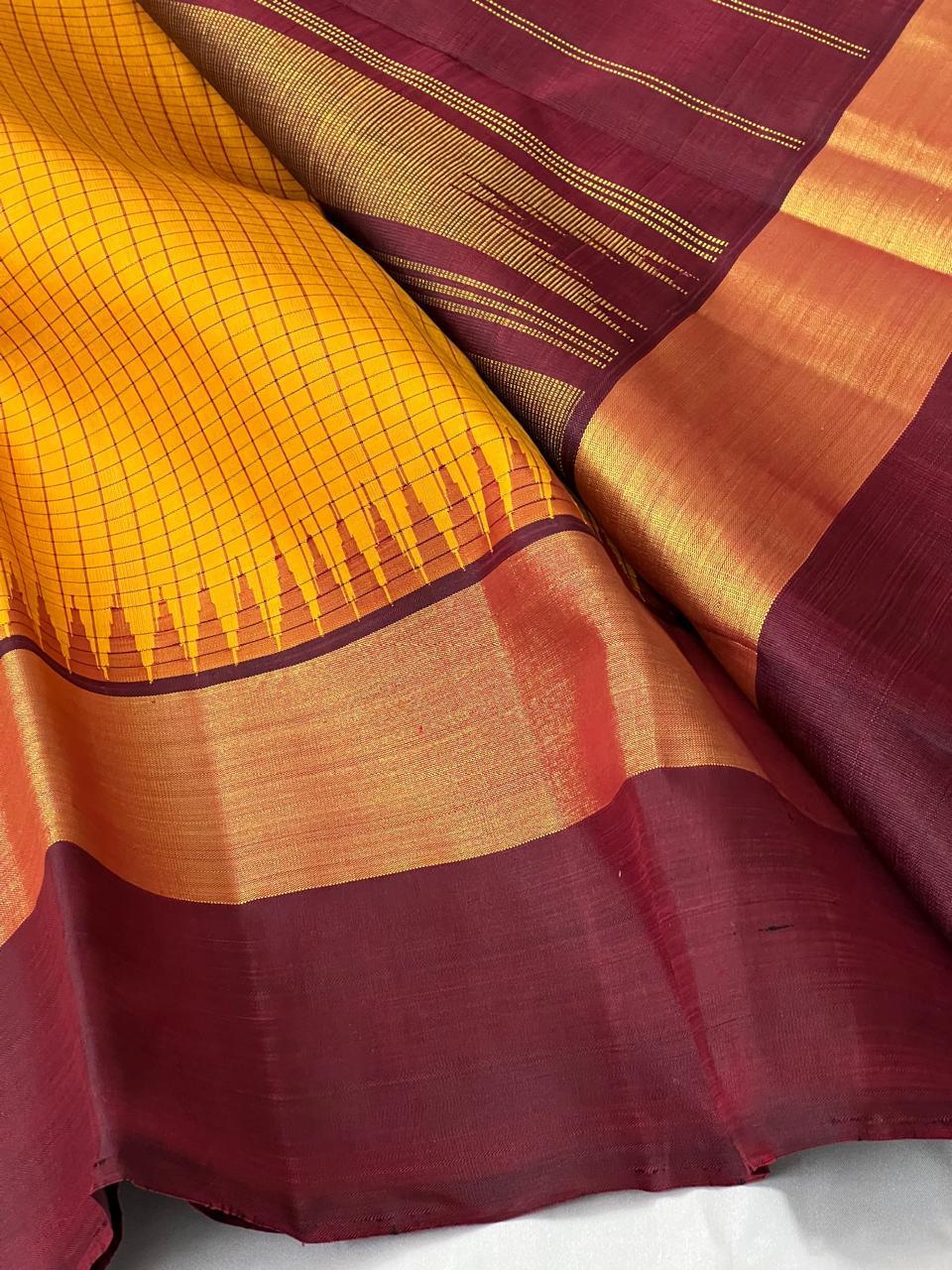 Golden Yellow & Mahogany Red 2gm Zari Elegance Kanchipuram Handloom Silk Saree SS24807