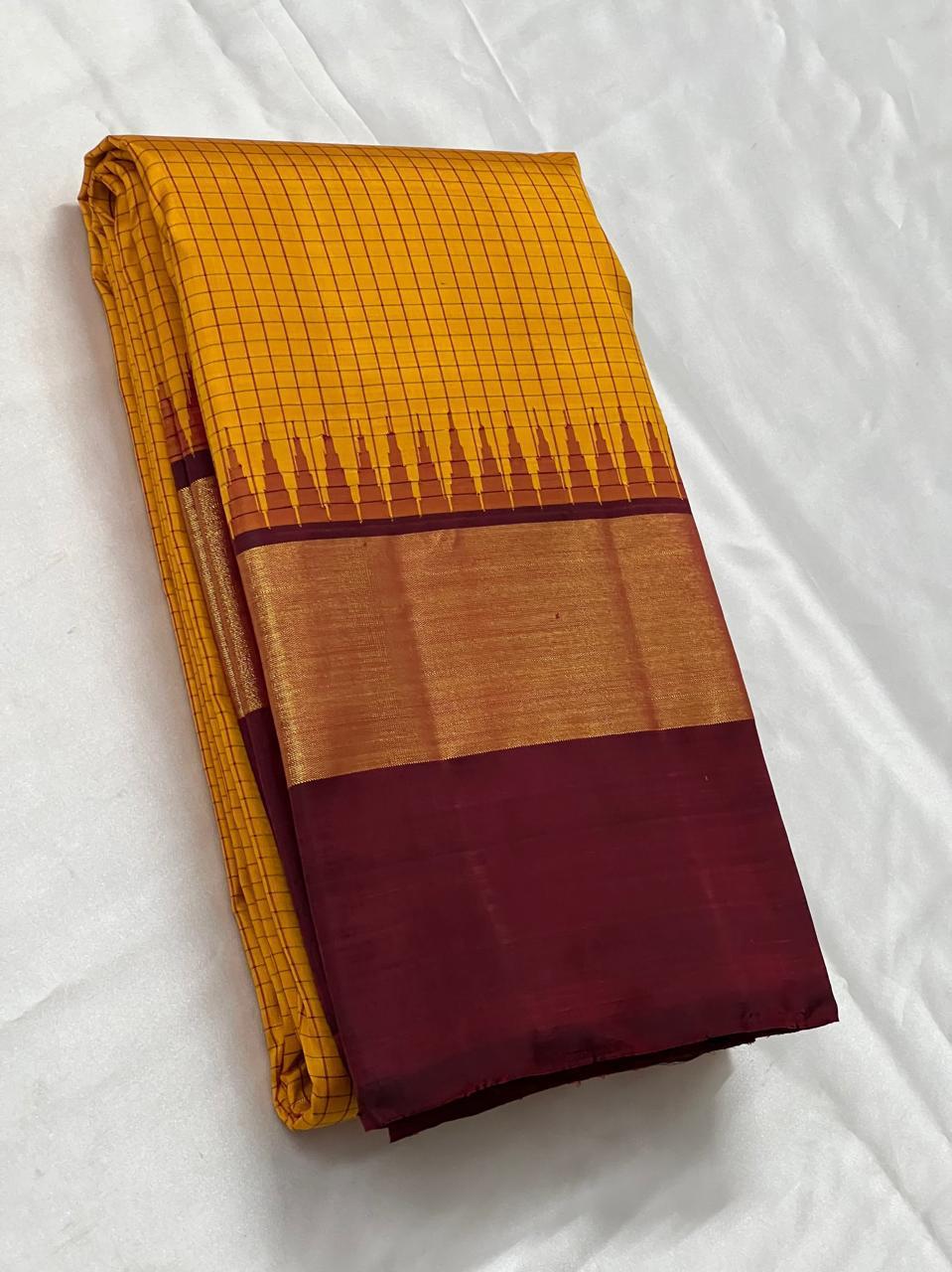 Golden Yellow & Mahogany Red 2gm Zari Elegance Kanchipuram Handloom Silk Saree SS24807