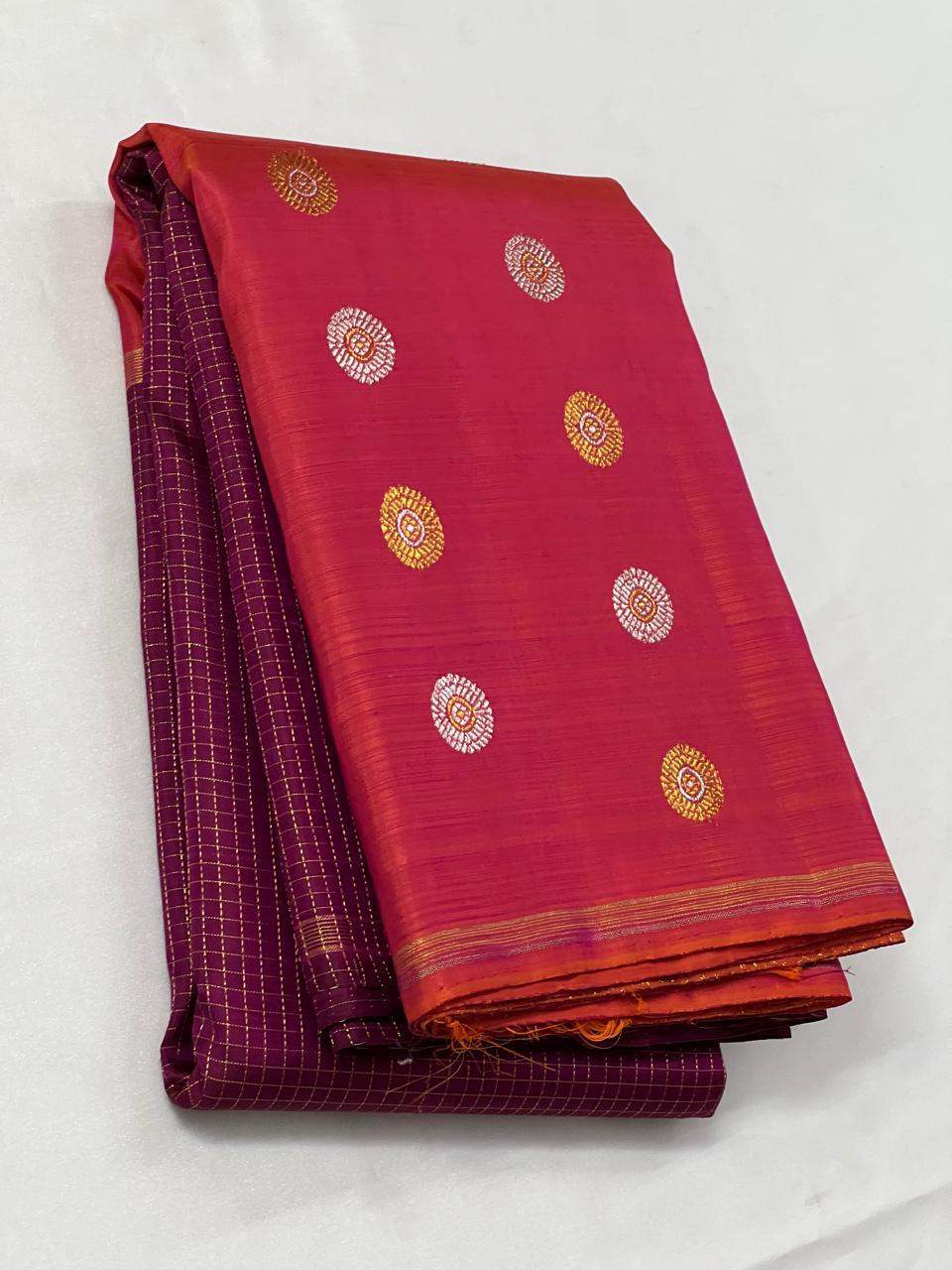 Classic Berry Maroon & Reddish Pink 2gm Zari Elegance Kanchipuram Handloom Silk Saree SS24806