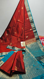 Load image into Gallery viewer, Classic Scarlet Red &amp; Teal Blue Elegance Handloom Soft Silk Saree SS25492
