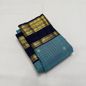Classic Teal Blue & Charcoal Black Rettai Pettu Checks Elegance Kanchipuram Handloom Silk Saree SS25481