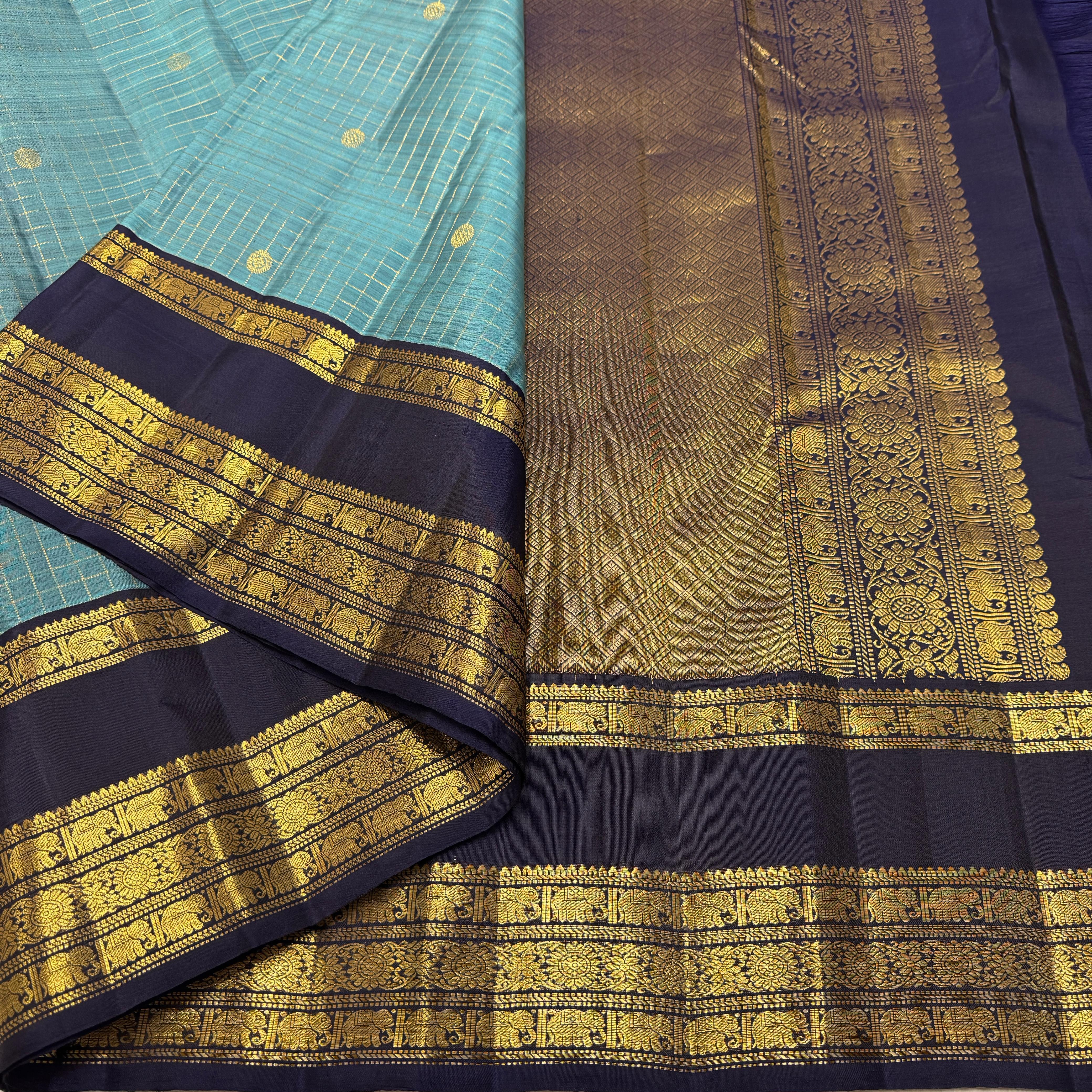 Classic Teal Blue & Charcoal Black Rettai Pettu Checks Elegance Kanchipuram Handloom Silk Saree SS25481