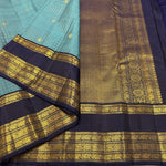 Load image into Gallery viewer, Classic Teal Blue &amp; Charcoal Black Rettai Pettu Checks Elegance Kanchipuram Handloom Silk Saree SS25481

