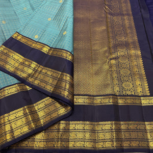 Classic Teal Blue & Charcoal Black Rettai Pettu Checks Elegance Kanchipuram Handloom Silk Saree SS25481