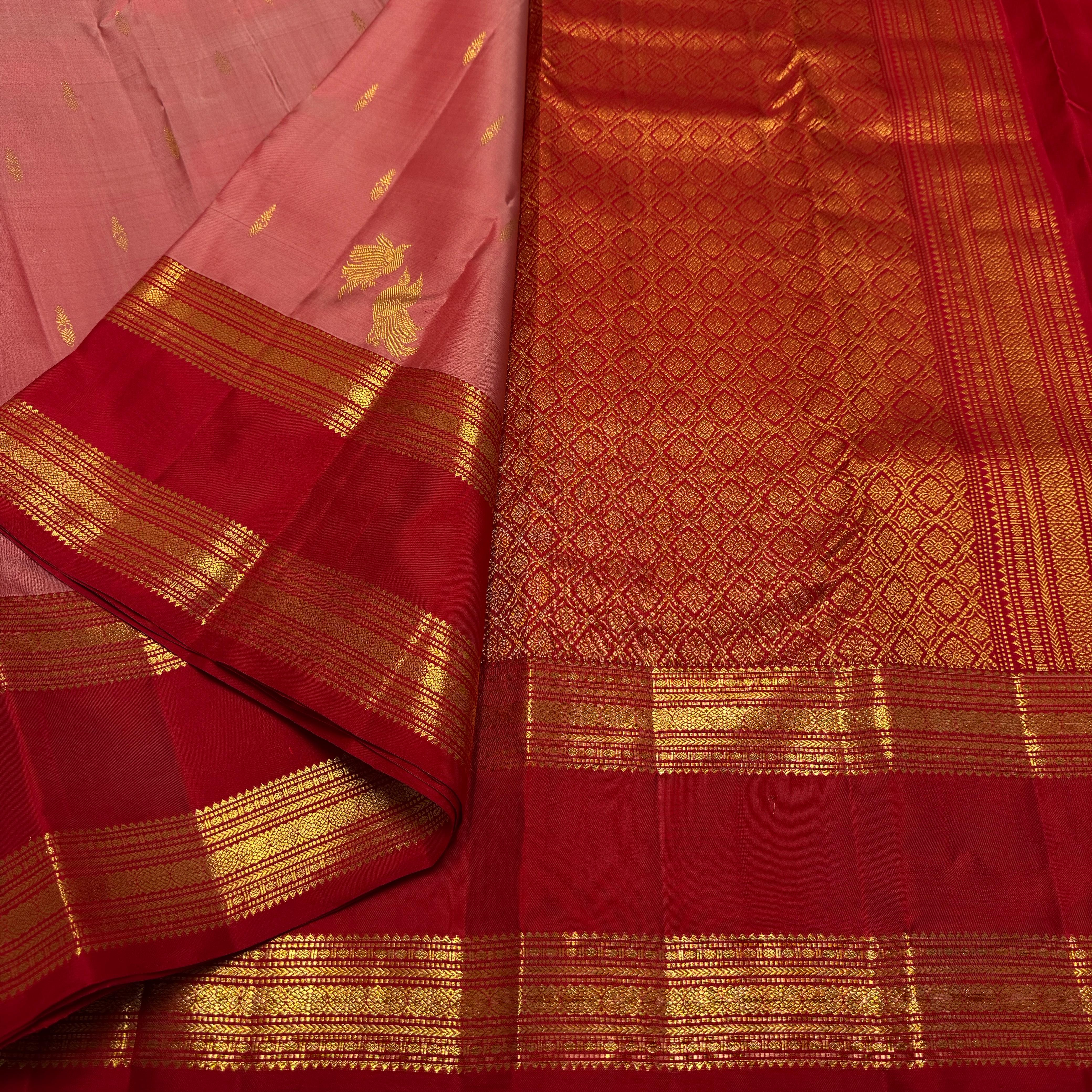 Classic Rose & Chilly Red 2gm Zari Vintage Style Elegance Kanchipuram Handloom Silk Saree SS25480