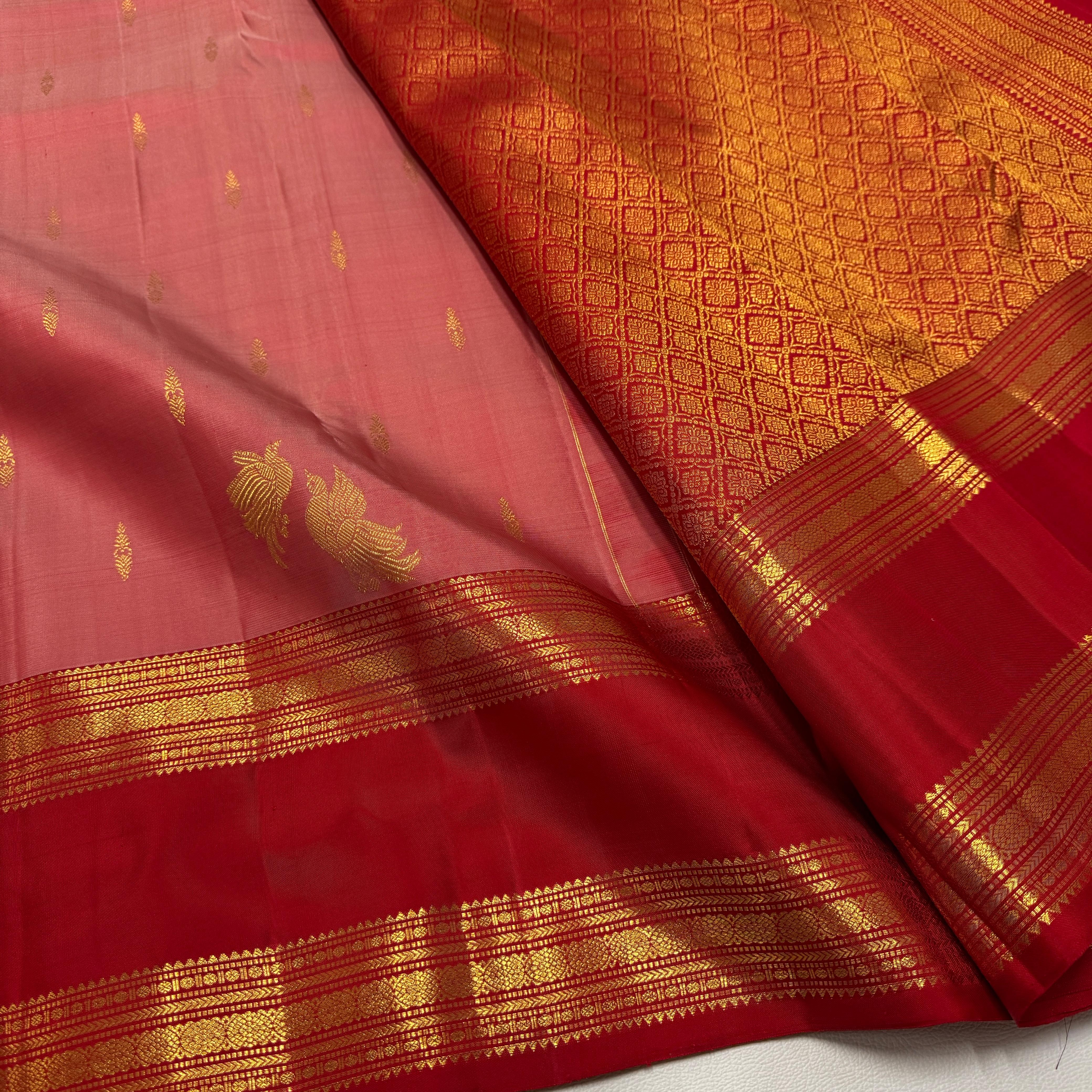 Classic Rose & Chilly Red 2gm Zari Vintage Style Elegance Kanchipuram Handloom Silk Saree SS25480