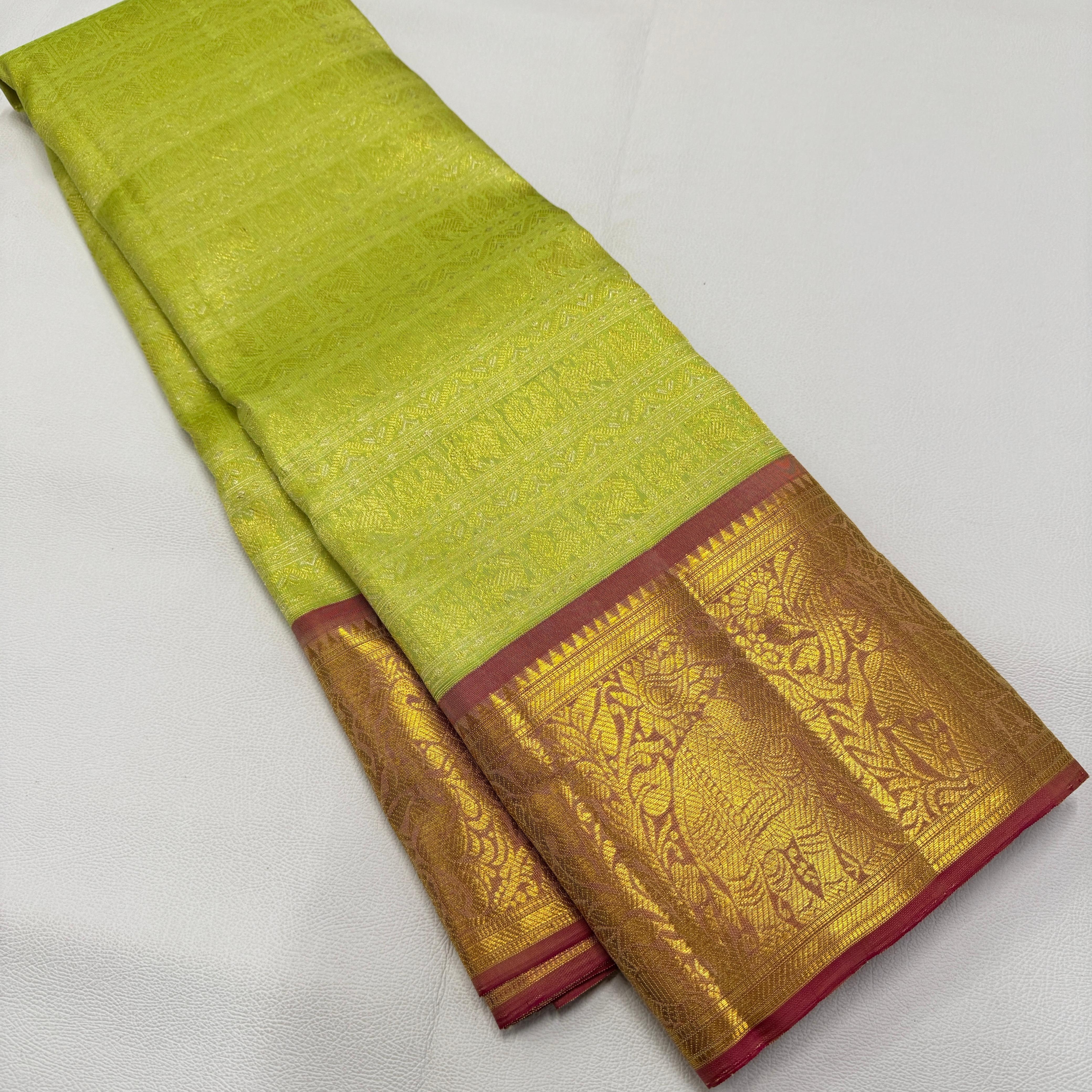 Classic Spring Green & Pale Pink Red 2gm Zari Bridal Elegance Kanchipuram Handloom Silk Saree SS25479