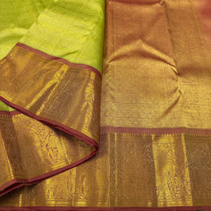 Classic Spring Green & Pale Pink Red 2gm Zari Bridal Elegance Kanchipuram Handloom Silk Saree SS25479