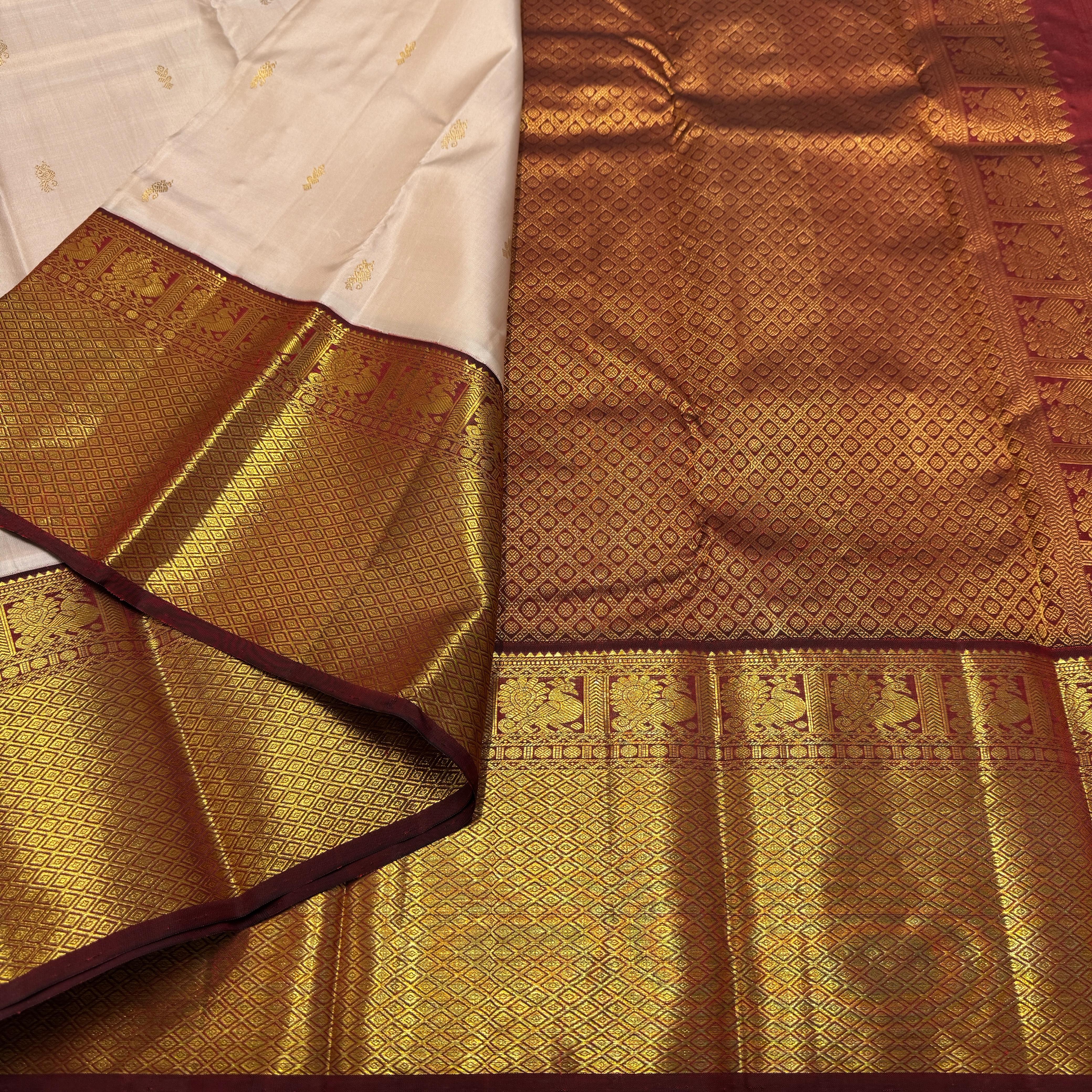 Pastel Beige & Garnet Red 2gm Zari Korvai Bridal Elegance Kanchipuram Handloom Silk Saree SS25478