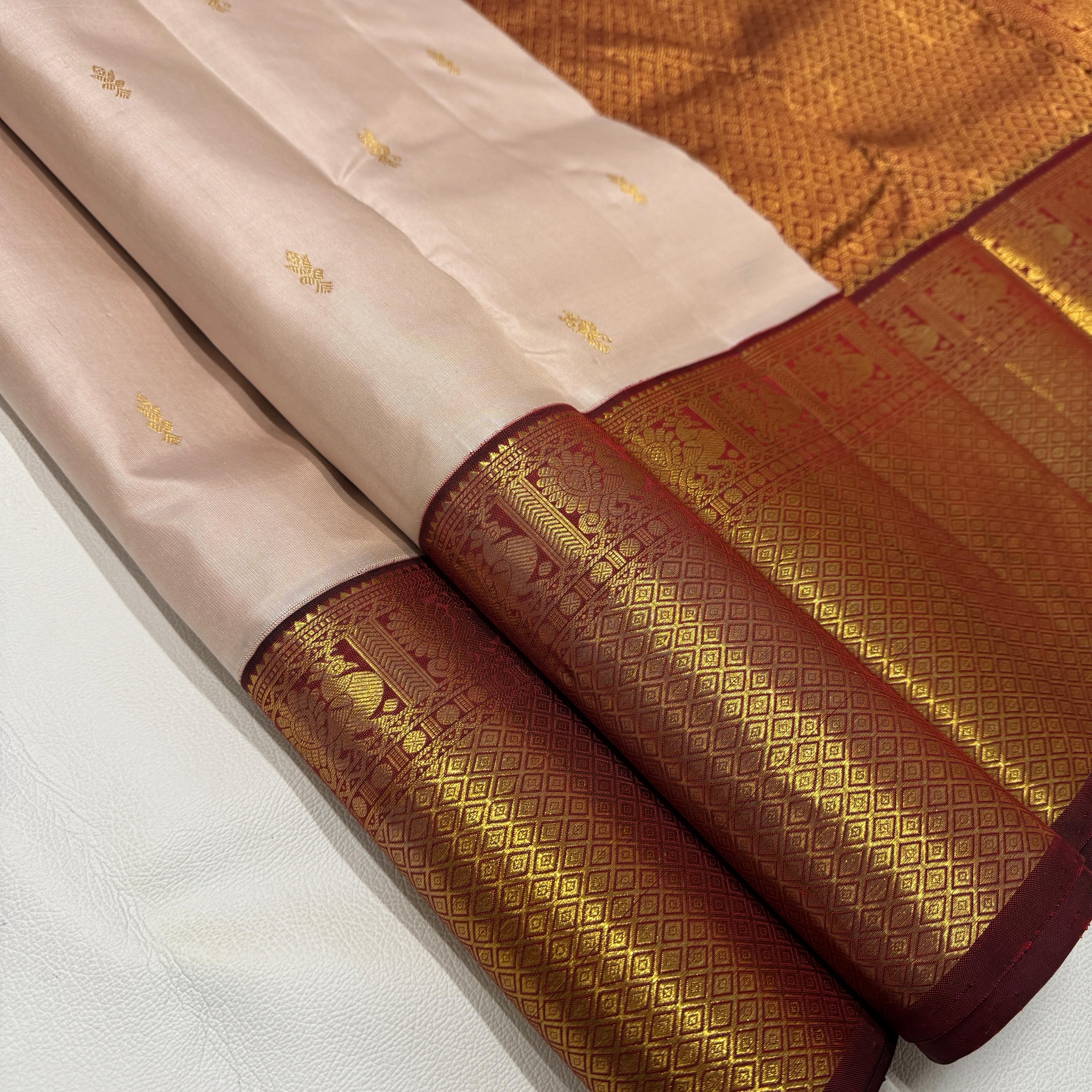 Pastel Beige & Garnet Red 2gm Zari Korvai Bridal Elegance Kanchipuram Handloom Silk Saree SS25478