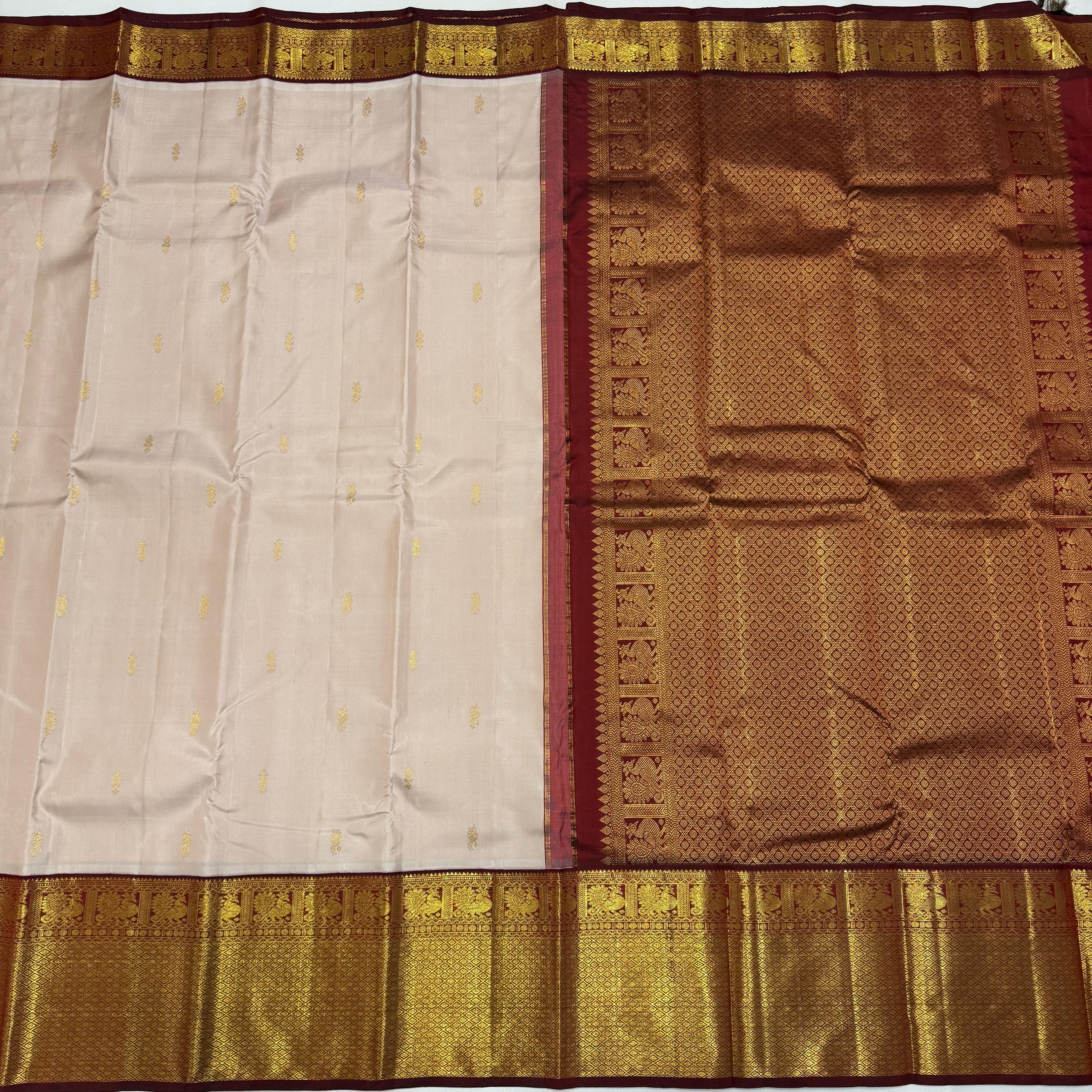 Pastel Beige & Garnet Red 2gm Zari Korvai Bridal Elegance Kanchipuram Handloom Silk Saree SS25478