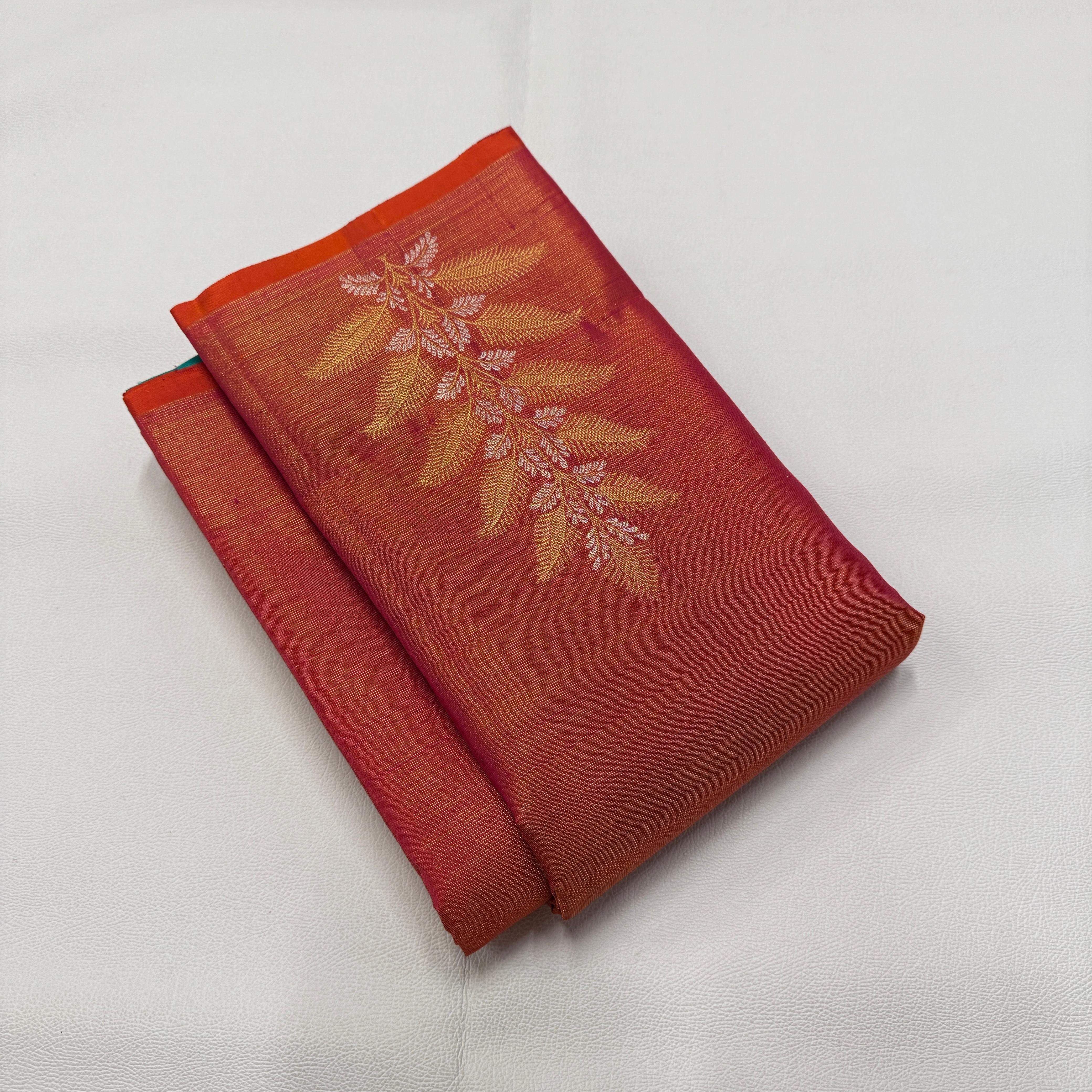 Classic Apricot Orange & Turquoise Green Elegance Kanchipuram Handloom Silk Saree SS25477