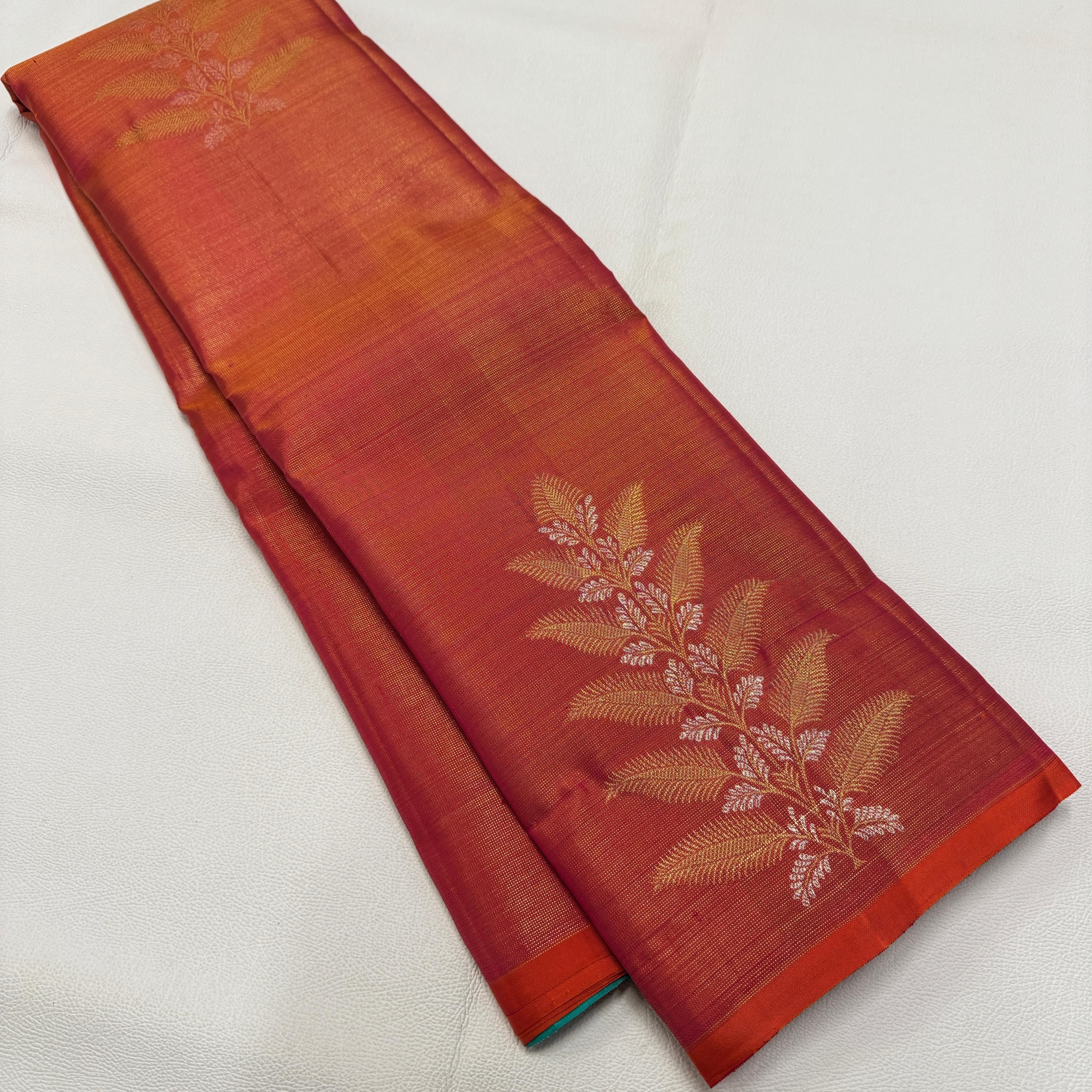 Classic Apricot Orange & Turquoise Green Elegance Kanchipuram Handloom Silk Saree SS25477