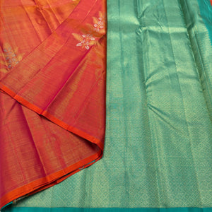 Classic Apricot Orange & Turquoise Green Elegance Kanchipuram Handloom Silk Saree SS25477