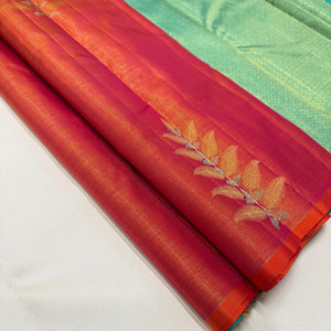 Classic Apricot Orange & Turquoise Green Elegance Kanchipuram Handloom Silk Saree SS25477