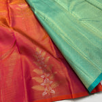 Load image into Gallery viewer, Classic Apricot Orange &amp; Turquoise Green Elegance Kanchipuram Handloom Silk Saree SS25477

