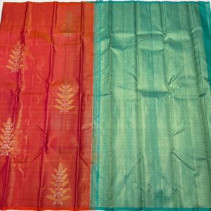 Classic Apricot Orange & Turquoise Green Elegance Kanchipuram Handloom Silk Saree SS25477