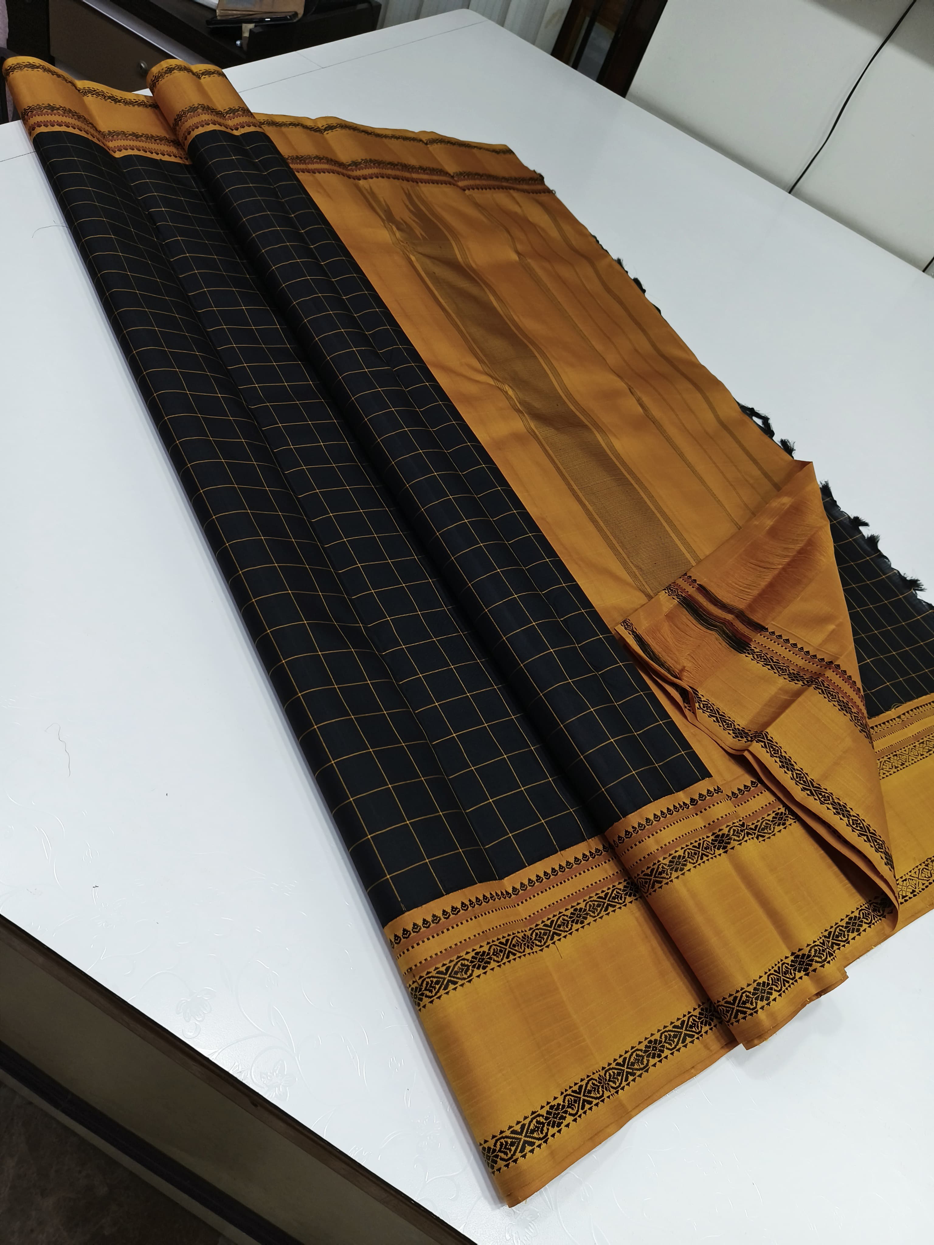 Classic Charcoal Black & Mustard 2gm Zari Elegance Kanchipuram Handloom Silk Saree SS25480
