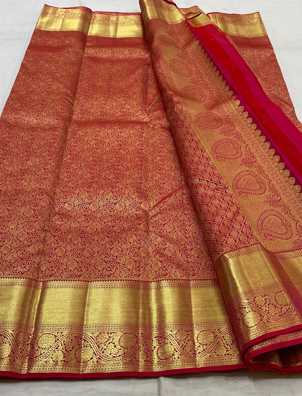 Classic Carmine Red 2gm Zari Bridal Elegance Kanchipuram Handloom Silk Saree SS25526