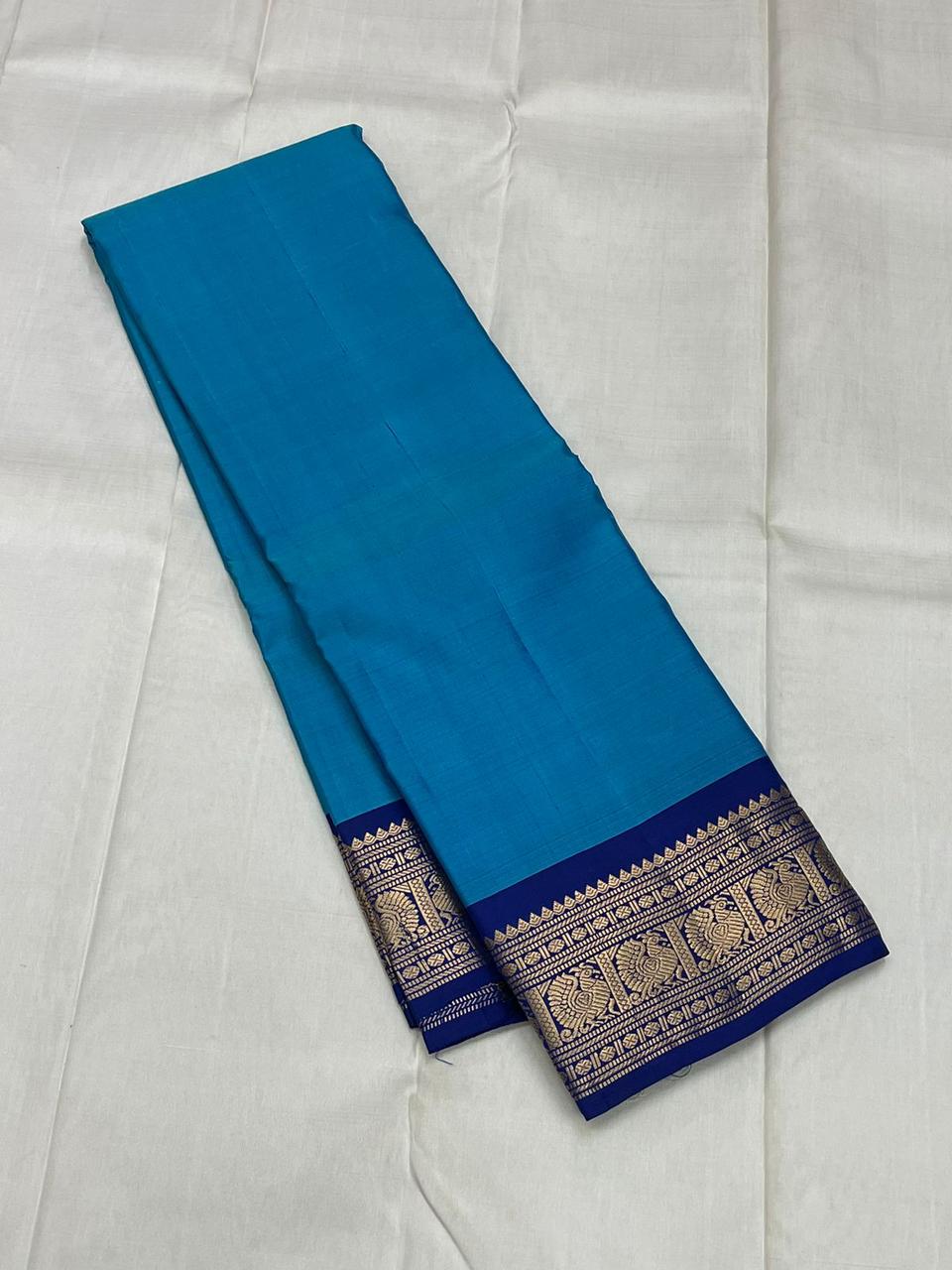 Classic Azure Blue & Navy Blue 2gm Zari Kanchipuram Handloom Silk Saree SS25523