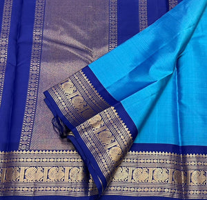 Classic Azure Blue & Navy Blue 2gm Zari Kanchipuram Handloom Silk Saree SS25523