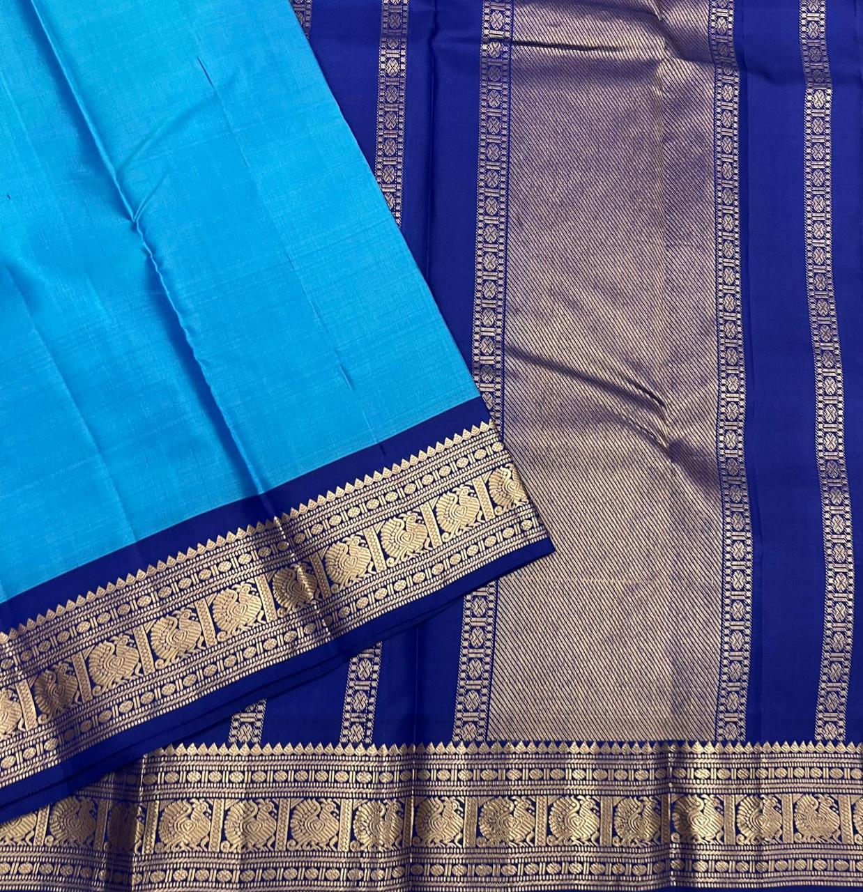 Classic Azure Blue & Navy Blue 2gm Zari Kanchipuram Handloom Silk Saree SS25523
