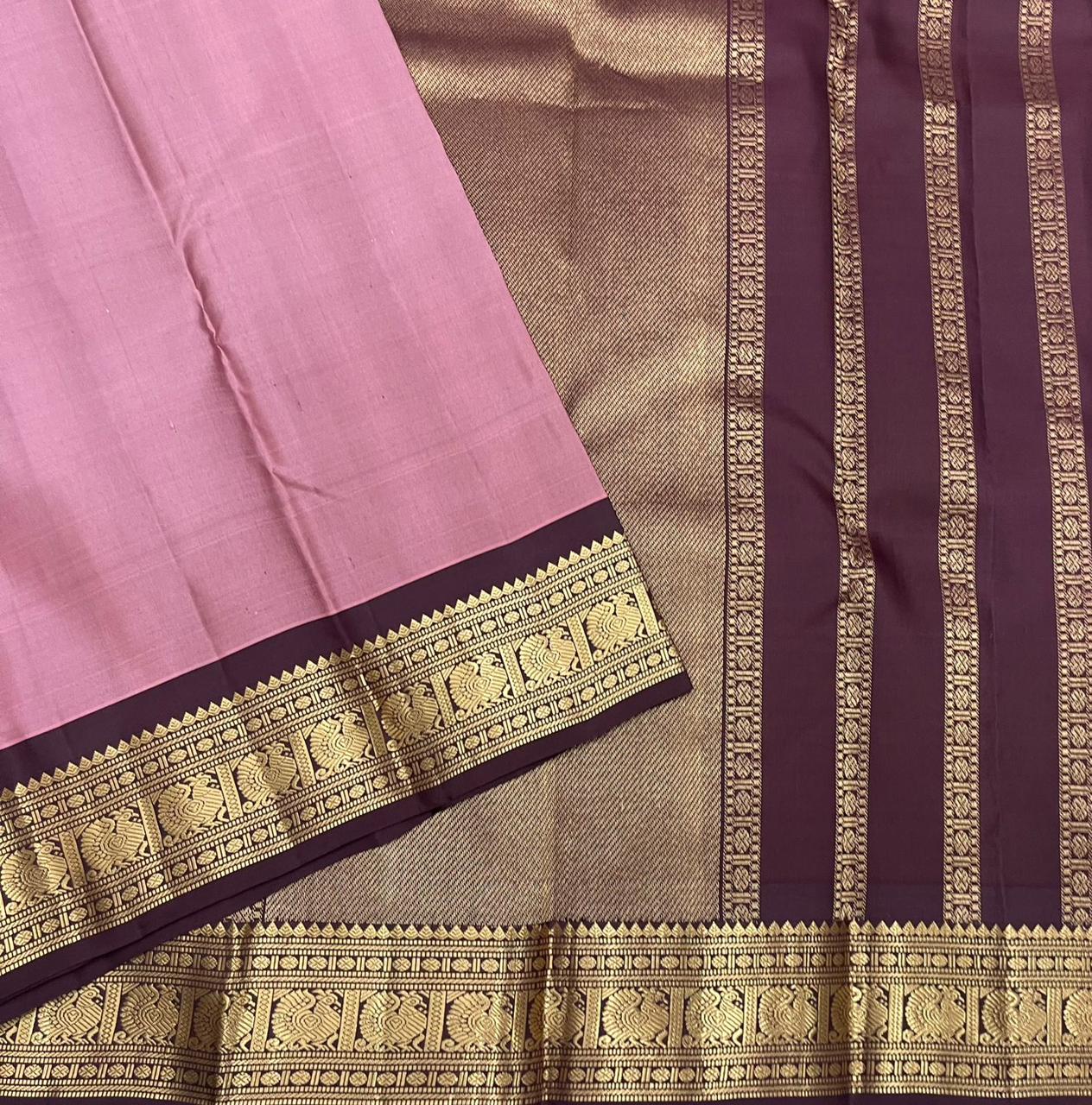Classic Nude Pink & Plum 2gm Zari Kanchipuram Handloom Silk Saree SS25521