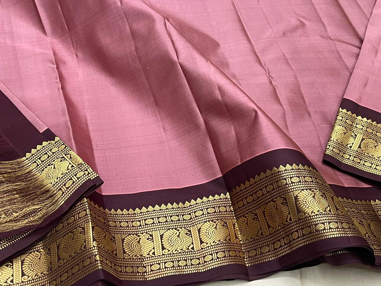 Classic Nude Pink & Plum 2gm Zari Kanchipuram Handloom Silk Saree SS25521
