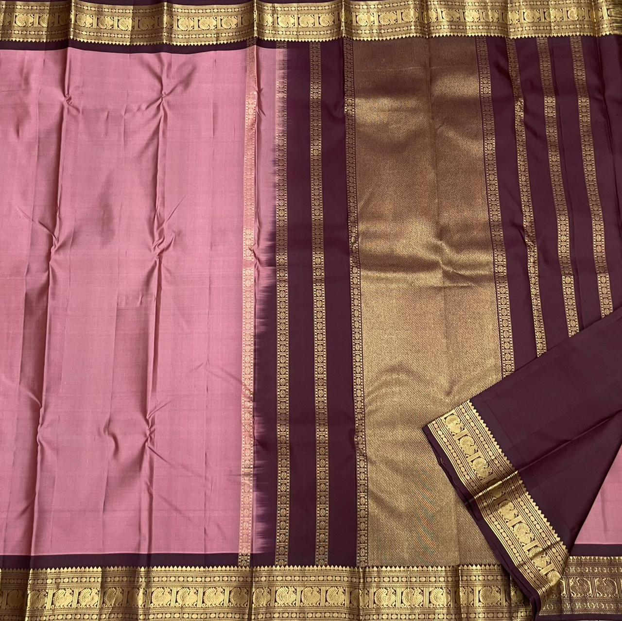 Classic Nude Pink & Plum 2gm Zari Kanchipuram Handloom Silk Saree SS25521