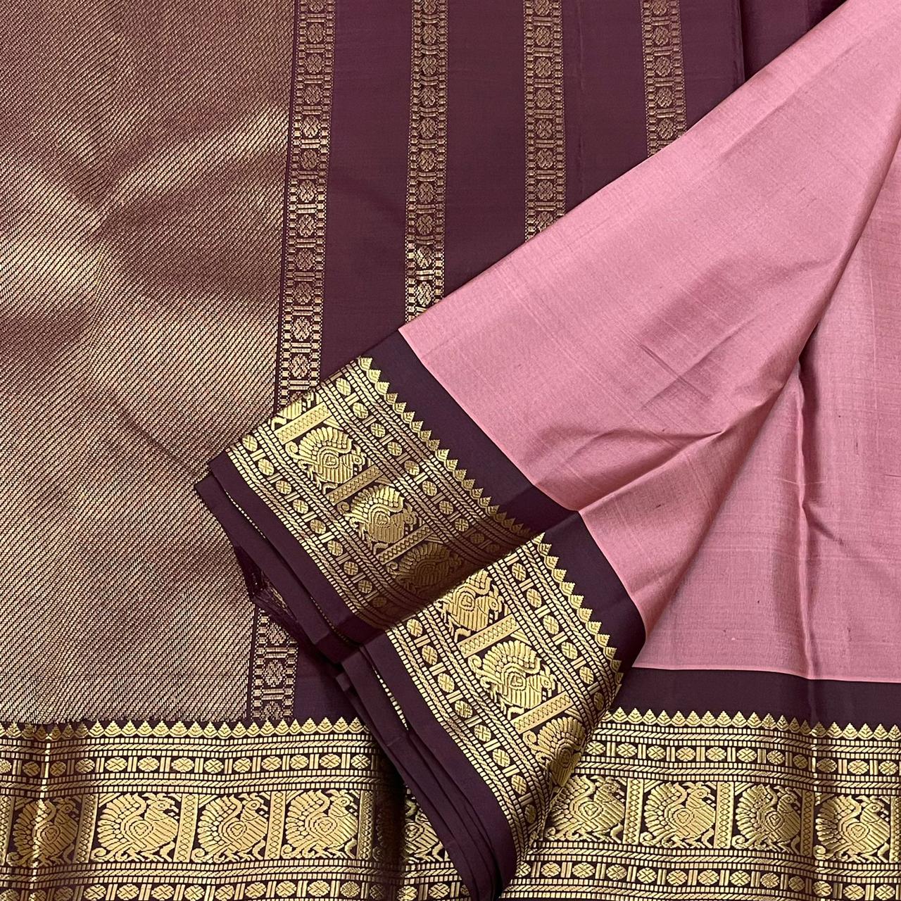 Classic Nude Pink & Plum 2gm Zari Kanchipuram Handloom Silk Saree SS25521