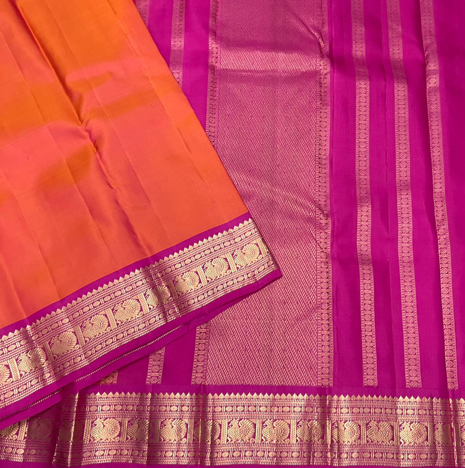 Classic Orange & Pink 2gm Zari Kanchipuram Handloom Silk Saree SS25520