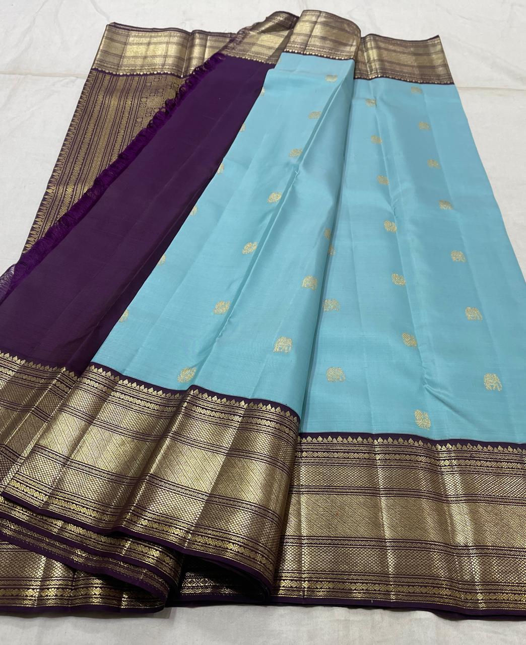 Classic Sky Blue & Aubergine 2gm Zari Kanchipuram Handloom Silk Saree SS25509