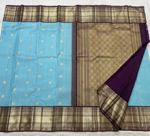 Classic Sky Blue & Aubergine 2gm Zari Kanchipuram Handloom Silk Saree SS25509
