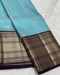 Classic Sky Blue & Aubergine 2gm Zari Kanchipuram Handloom Silk Saree SS25509