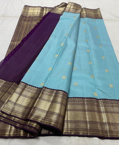 Classic Sky Blue & Aubergine 2gm Zari Kanchipuram Handloom Silk Saree SS25509